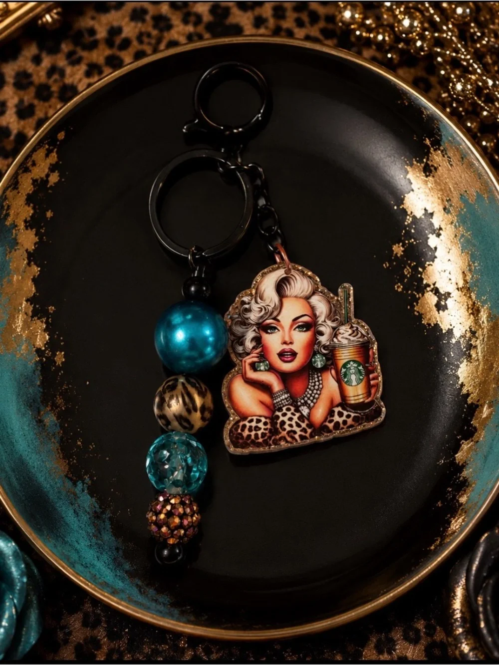 Hand Crafted Black & Teal Glam Marilyn Keychain with Leopard Accent